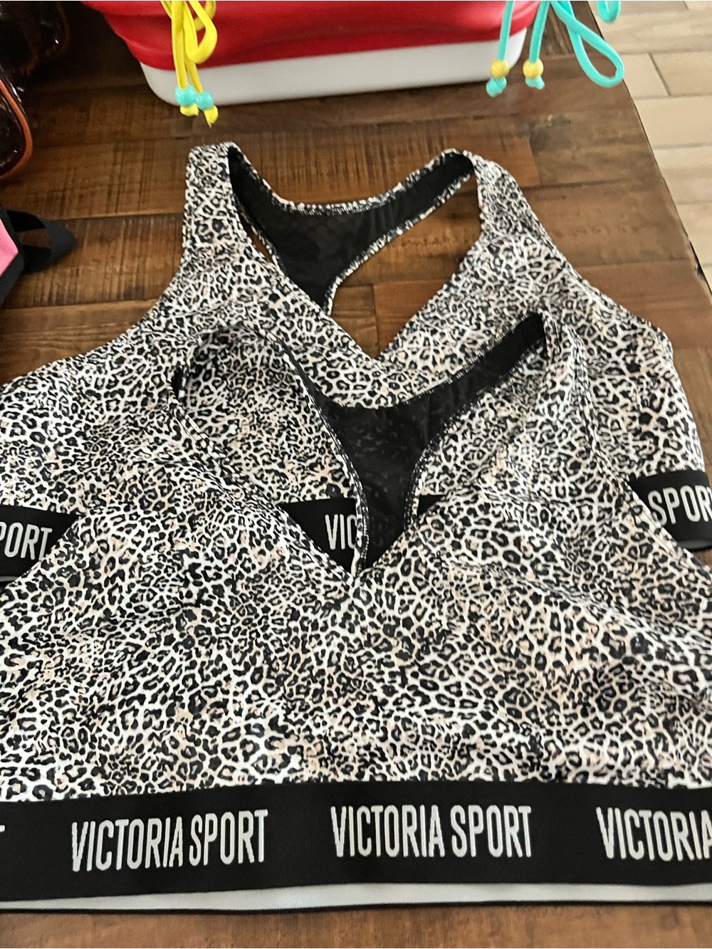 Victoria Sport Leopard Print Racerback Sports Bra - Black & Cream